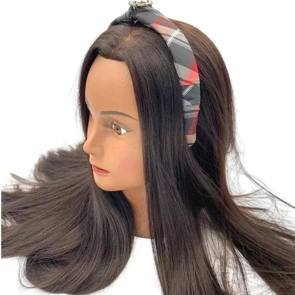 Preppy Bling Red Plaid Silk Headband with Bling Rhinestone Street Style - Picture 2 of 8